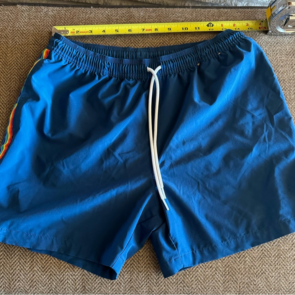 Chubbies Blue Swim Trunks with Rainbow Accents.